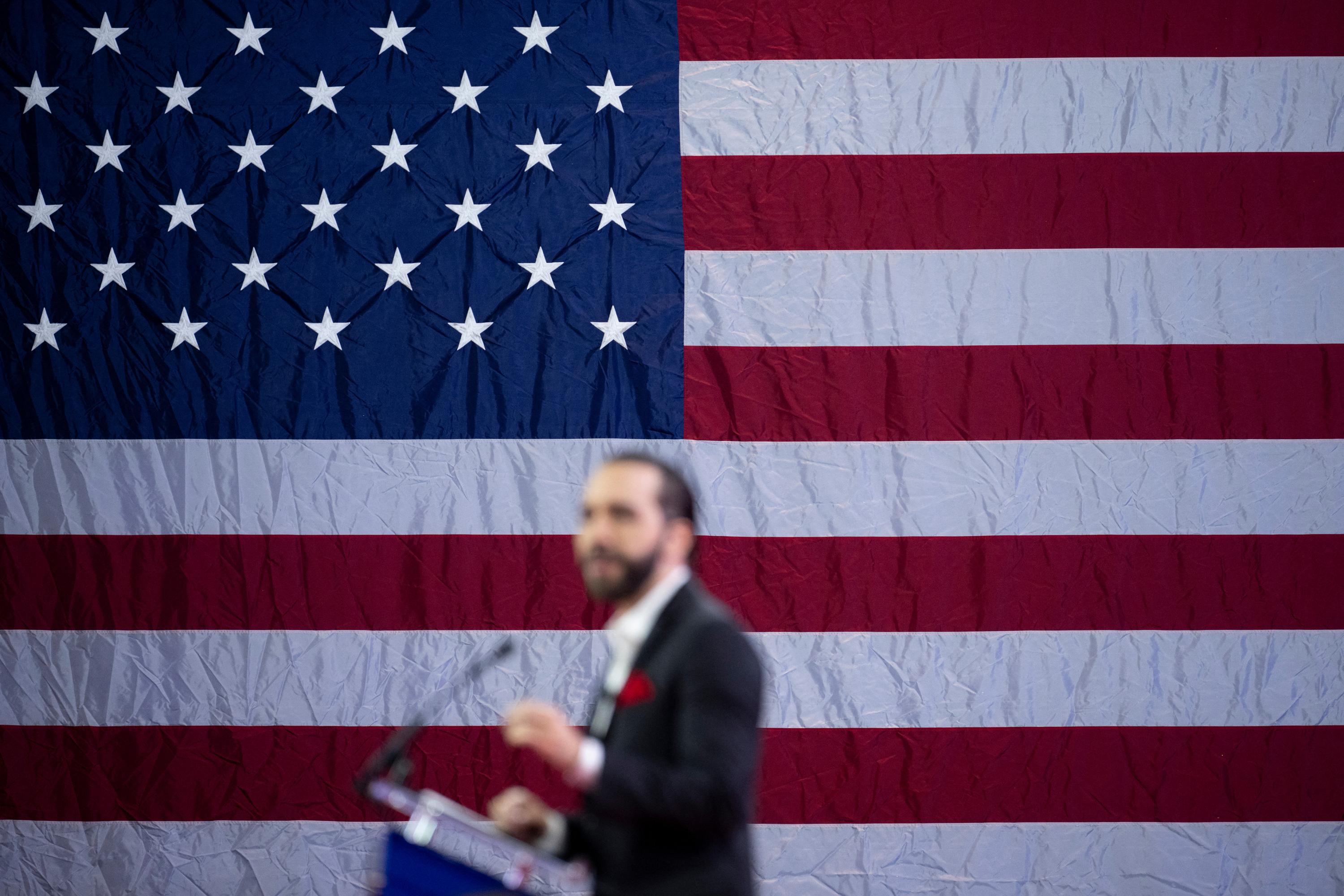 Nayib Bukele, president of El Salvador, gives a speech at CPAC in National Harbor, Maryland, on Feb. 22, 2024. Photo Brendan Smialowsky/AFP